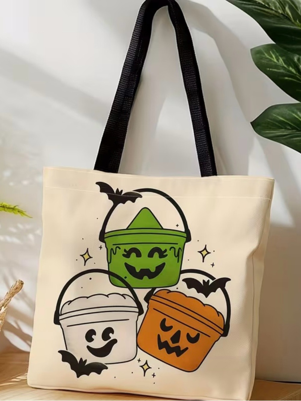 Halloween Tote Bag with Green Witch Orange Pumpkin & White Ghost Treat Buckets - Picture 3 of 5